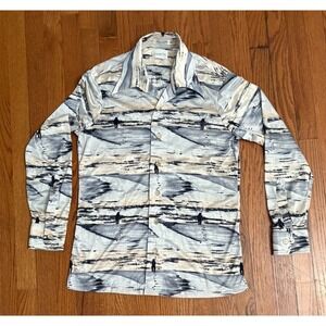 Vintage‎ Damon Mens 70s Disco Shirt Novelty Landscape Print Nylon Italy Medium